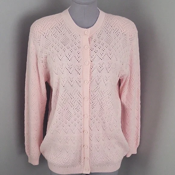 Vintage 80s Helen Harper Pink Pointelle Cardigan | Structured Shoulder | L - Picture 1 of 11